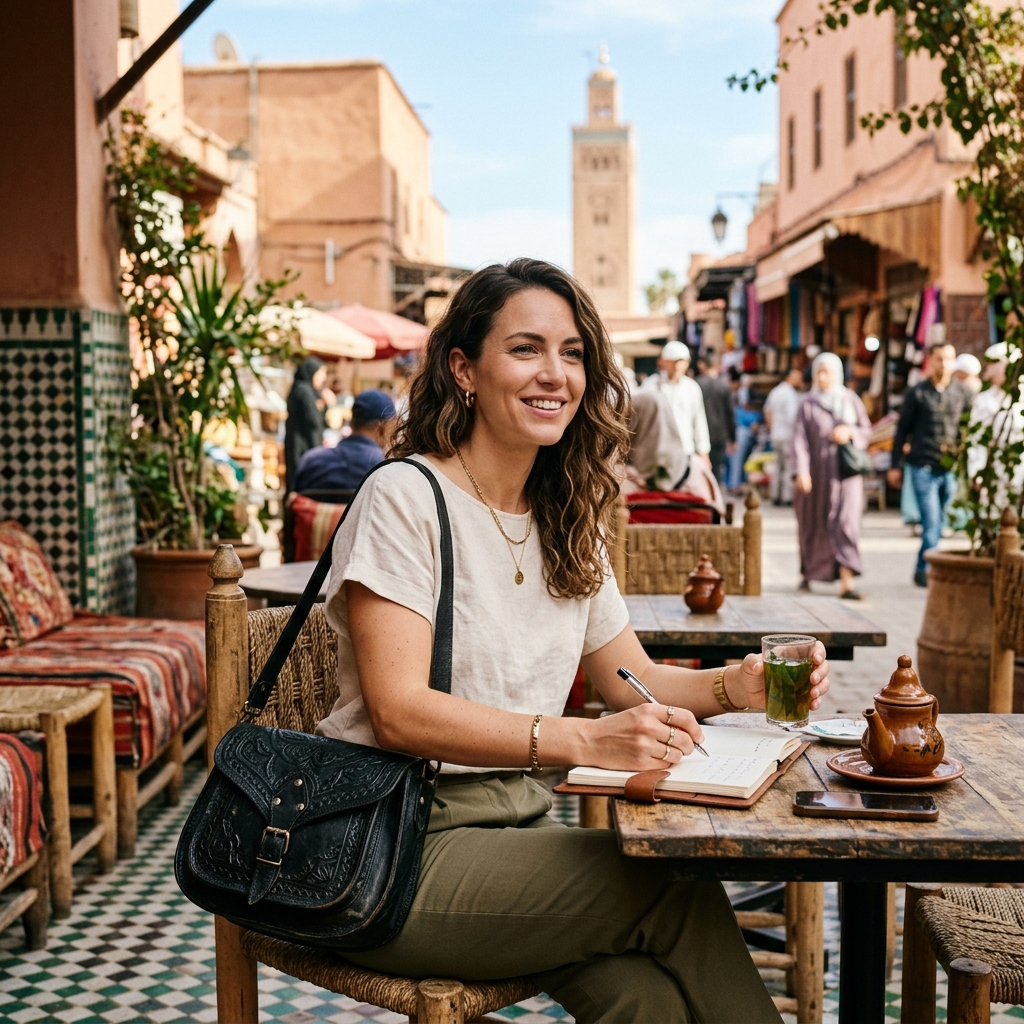 Femme expatriée avec sac noir à Marrakech